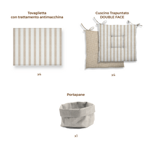 Set da 4 tovagliette rigate + 4 cuscini trapuntati rigat+ 2 portapane