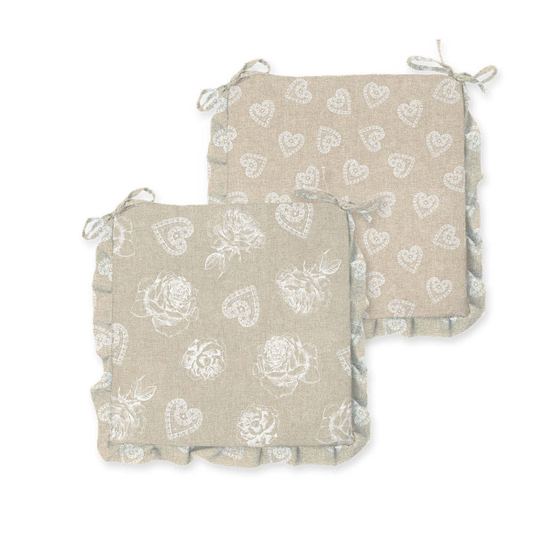 Set 6 Cuscini Coprisedia Cucina Shabby Con Cuoricini – Fondo Beige/tortora, 40x40 Cm, Spessore 5 Cm, Double Face Con Laccetti